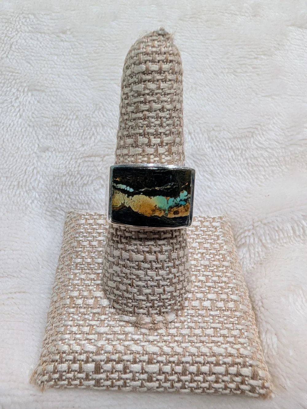 Sterling Silver Rectangular Blackjack Turquoise Inlay Men's Ring